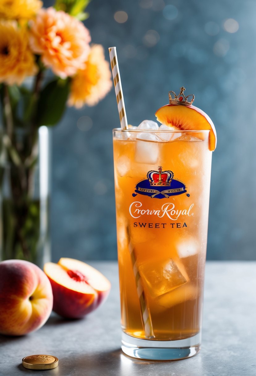 A tall glass filled with iced sweet tea, topped with a generous splash of Peach Crown Royal, garnished with a fresh slice of peach