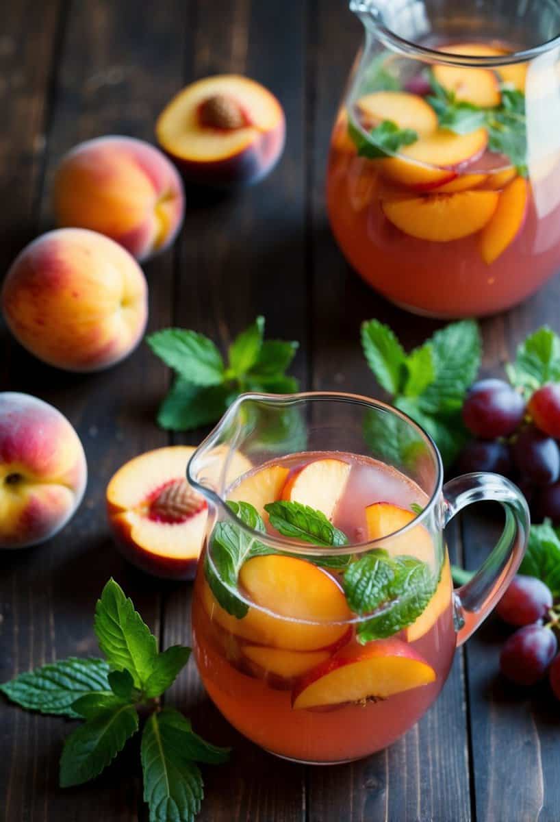 A pitcher of Peach Crown Royal Sangria surrounded by fresh peaches, grapes, and mint leaves on a wooden table