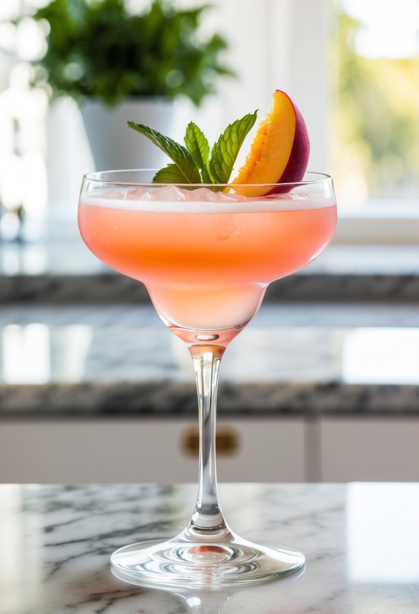 A tall glass filled with a pink Peach Crown Royal Cosmo, garnished with a slice of peach and a sprig of mint, sitting on a marble countertop