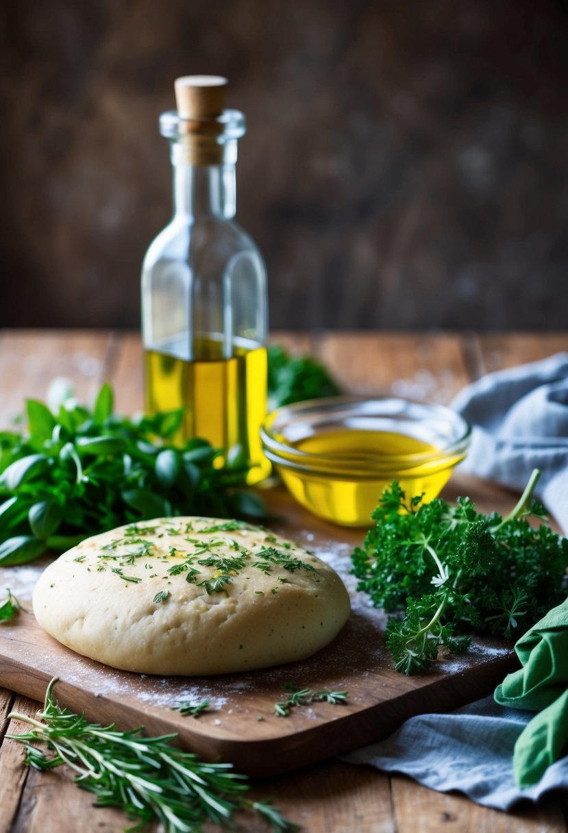 A rustic kitchen scene with fresh herbs, olive oil, and dough for making garden herb focaccia bread