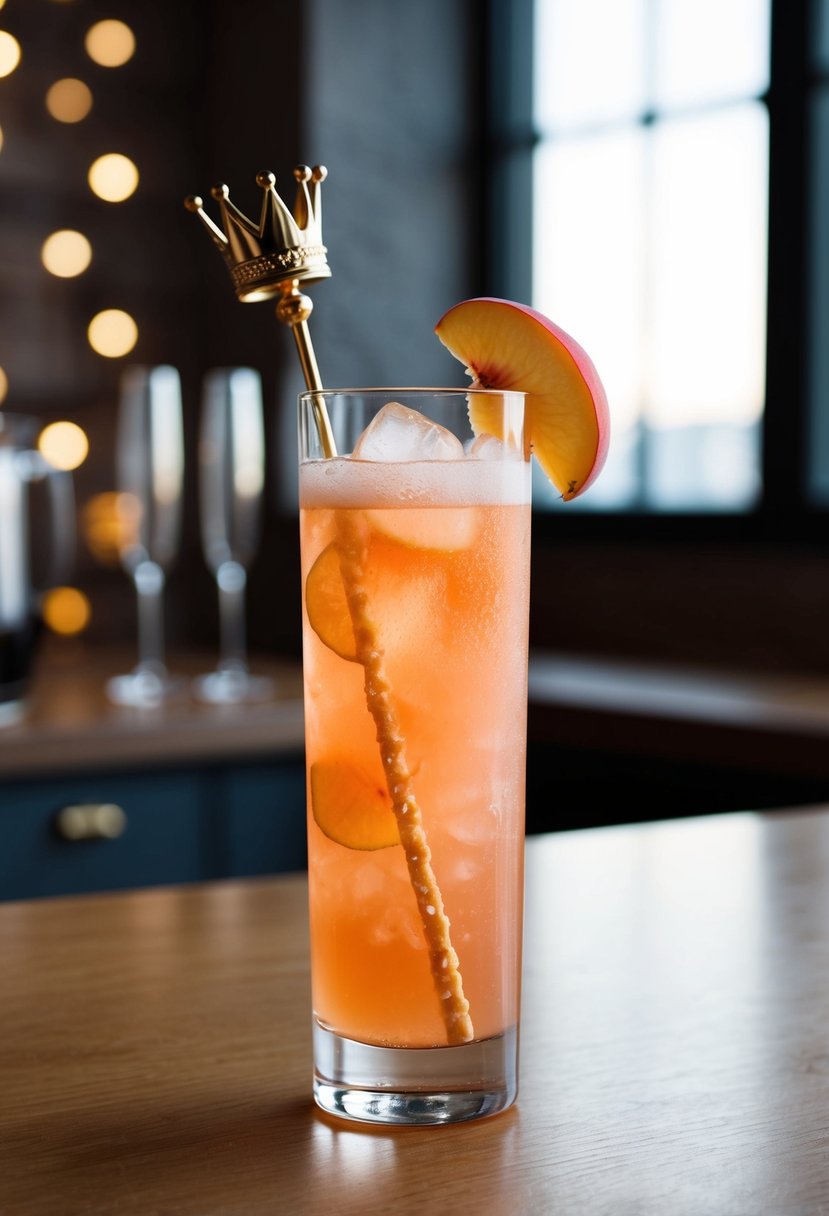 A tall glass filled with a peach-colored fizzy drink, garnished with a slice of fresh peach and a crown-shaped stirrer