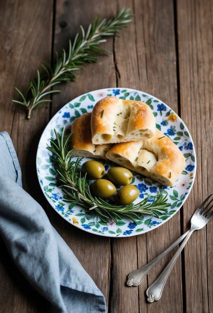 A rustic wooden table with fresh olives, rosemary sprigs, and focaccia bread arranged artfully on a floral-patterned plate