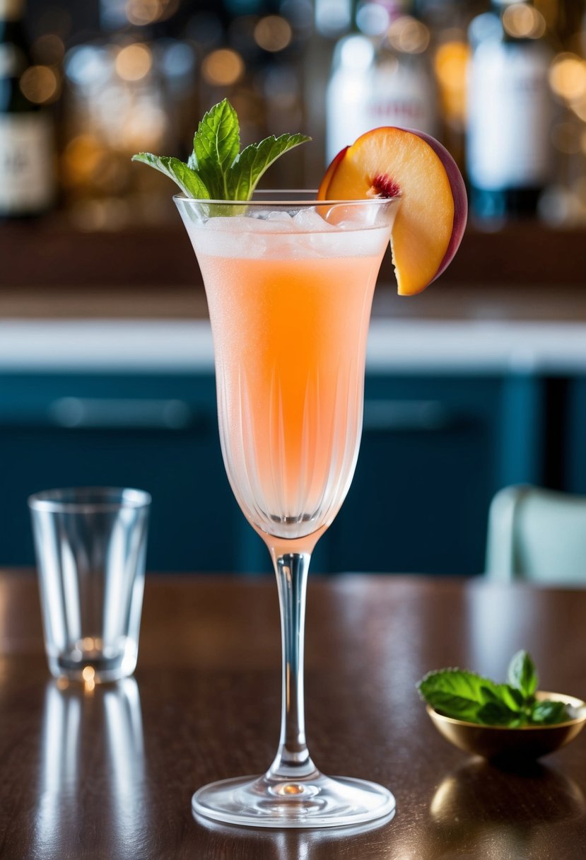 A tall, frosted glass filled with a peach-colored Bellini cocktail, garnished with a slice of fresh peach and a sprig of mint