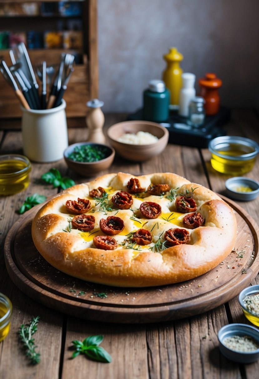 A rustic wooden table with a freshly baked focaccia bread topped with sun-dried tomatoes, herbs, and olive oil, surrounded by art supplies