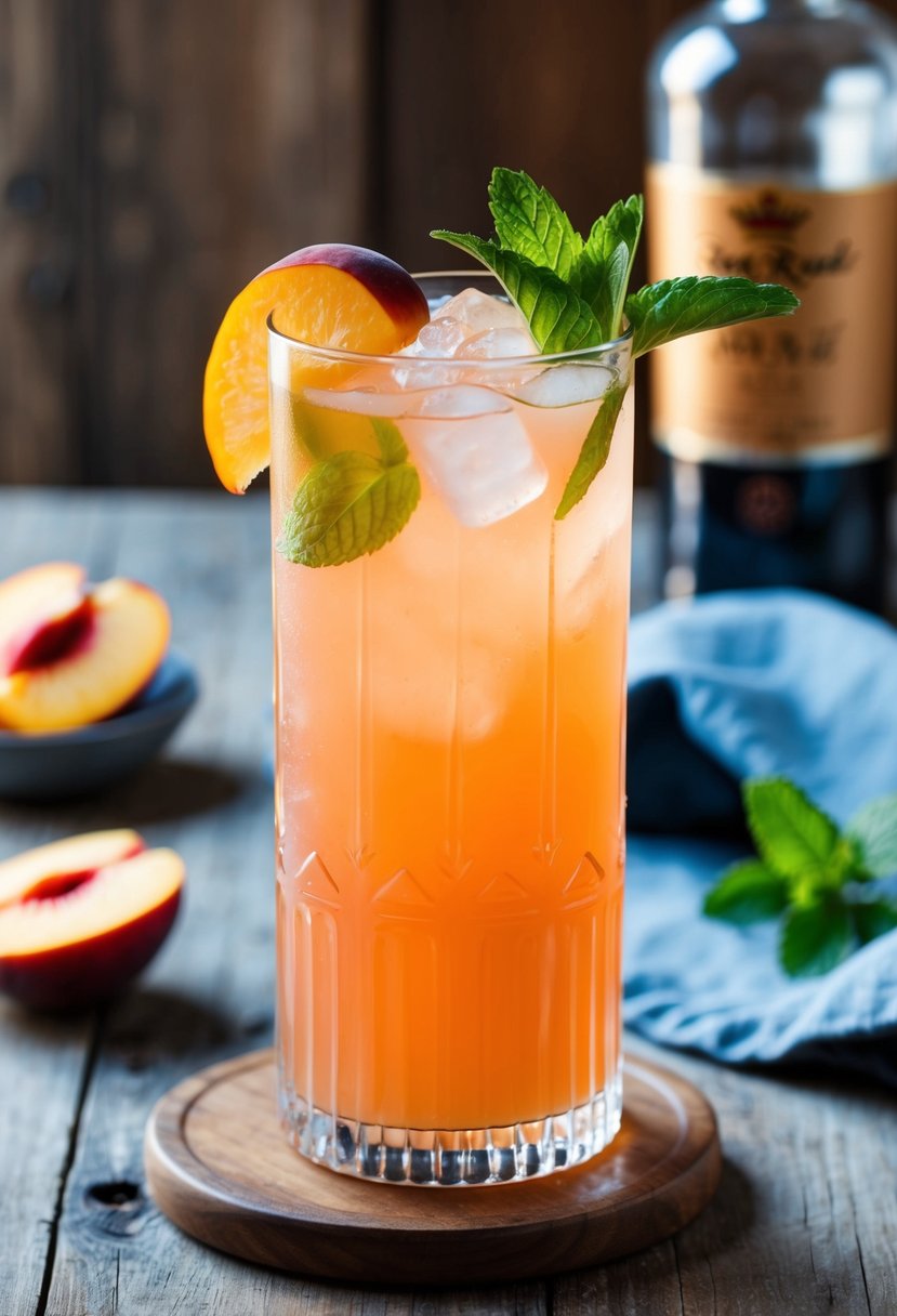 A tall glass filled with a Peach Crown Royal Mule, garnished with a slice of fresh peach and a sprig of mint, sitting on a rustic wooden table