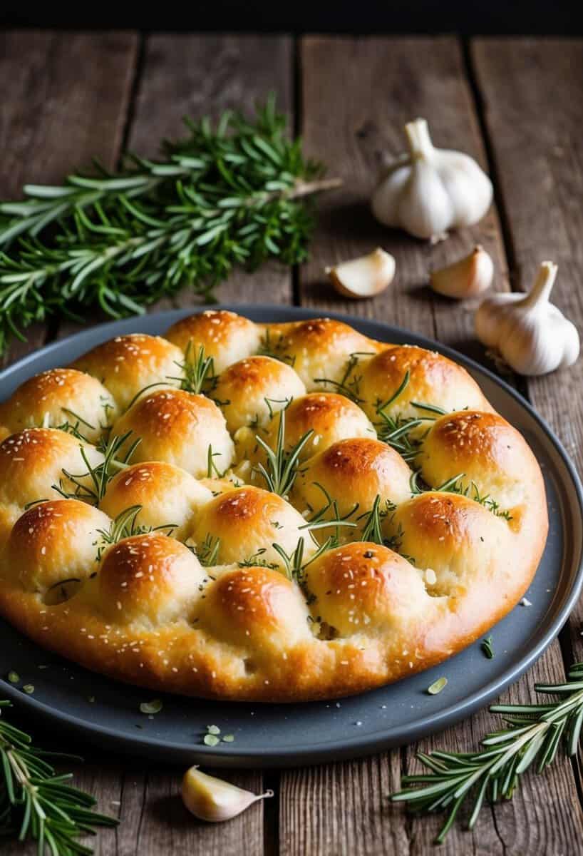 A rustic wooden table with a freshly baked garlic and herb bloom focaccia bread surrounded by sprigs of rosemary and cloves of garlic