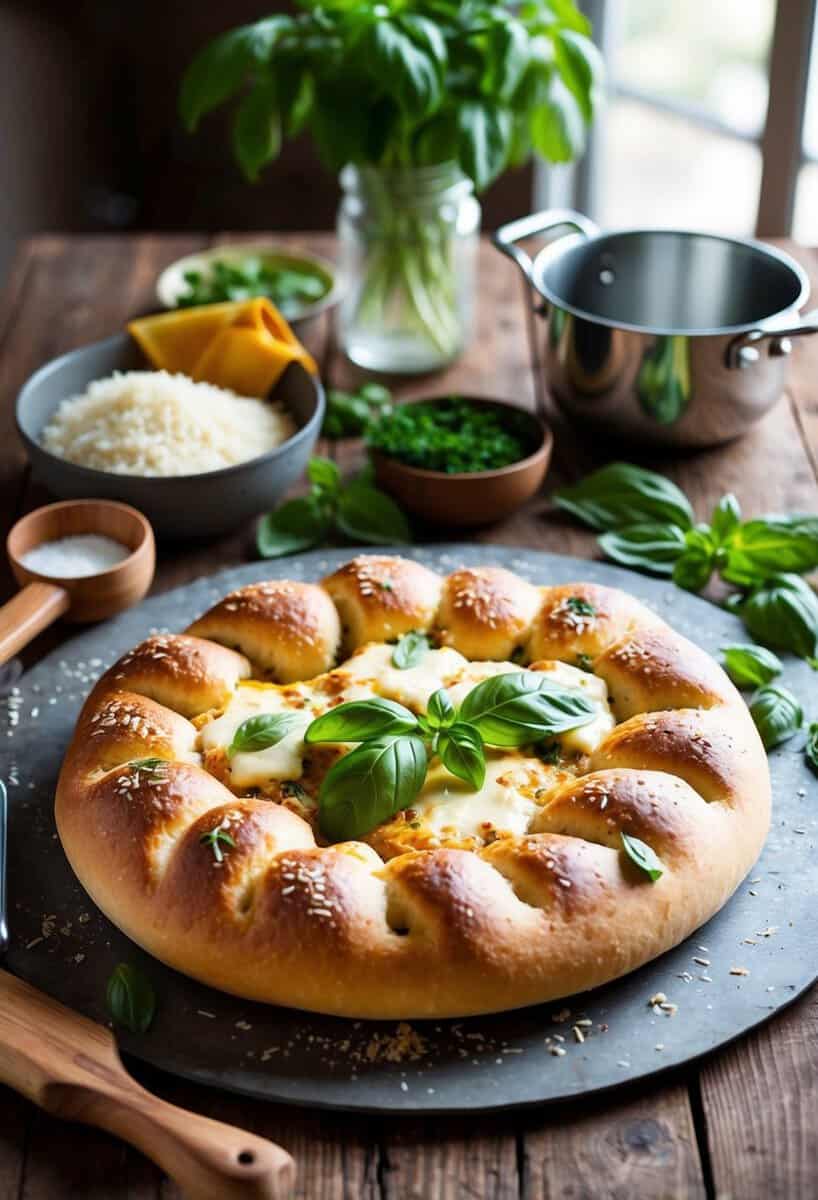 A rustic table with a freshly baked focaccia loaf topped with melted cheese and basil leaves, surrounded by ingredients and kitchen utensils