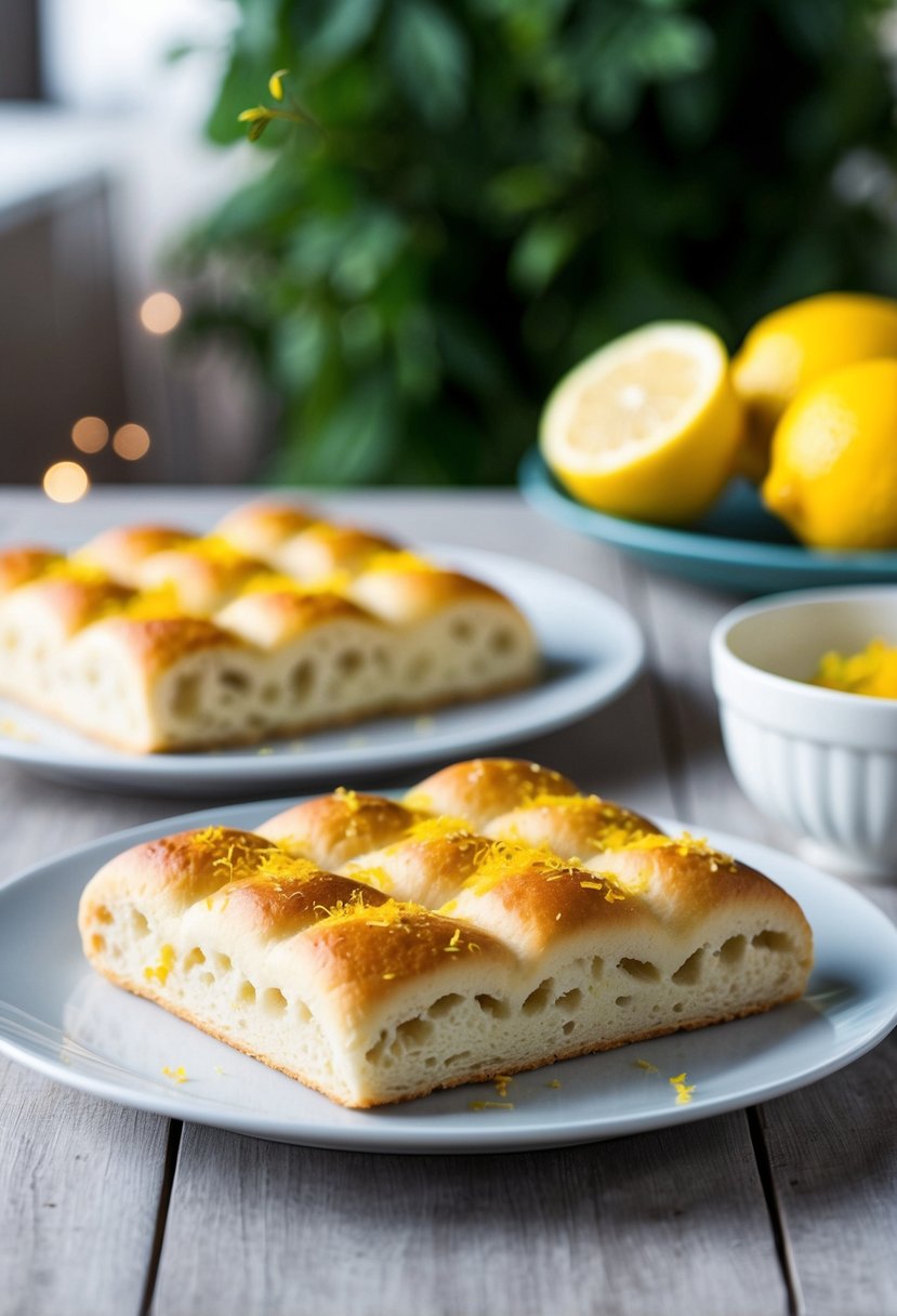 A table with freshly baked focaccia bread decorated with lemon zest in a creative pattern