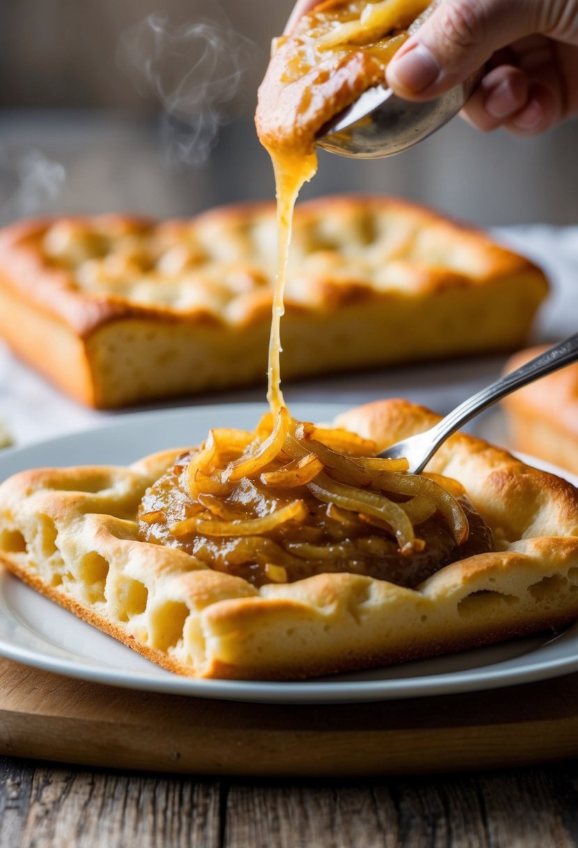 A golden, caramelized onion spread is being generously spread onto freshly baked focaccia bread, with a tantalizing aroma wafting through the air