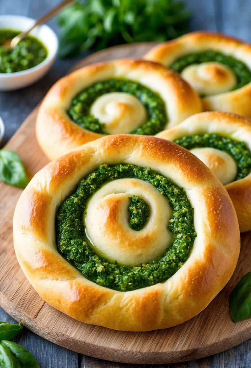 A freshly baked focaccia bread with a vibrant swirl design made of pesto and herbs