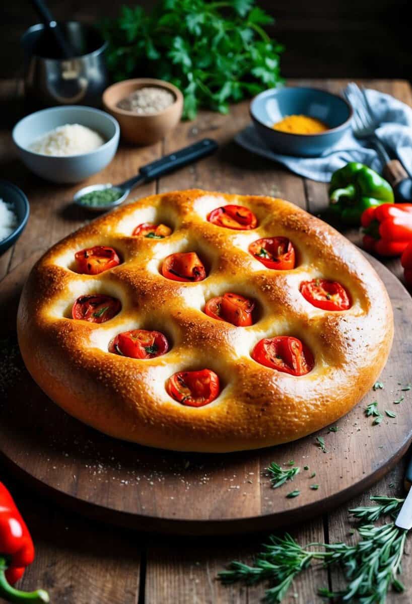 A rustic wooden table with a freshly baked focaccia bread adorned with a pattern of roasted red peppers, surrounded by ingredients and kitchen utensils