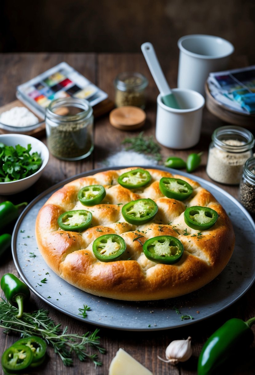 A rustic table with a freshly baked focaccia bread topped with sliced jalapeños, herbs, and spices, surrounded by art supplies and ingredients