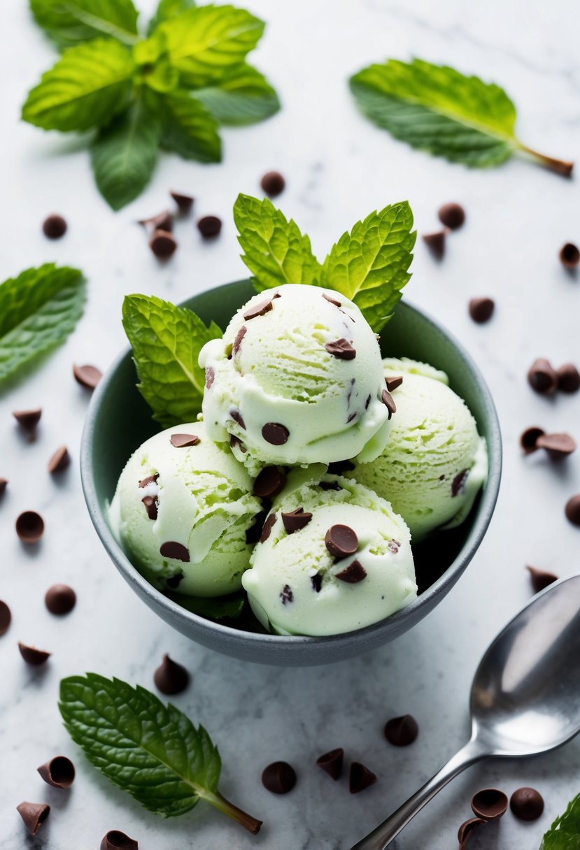 A bowl of mint chocolate chip ice cream surrounded by fresh mint leaves and chocolate shavings