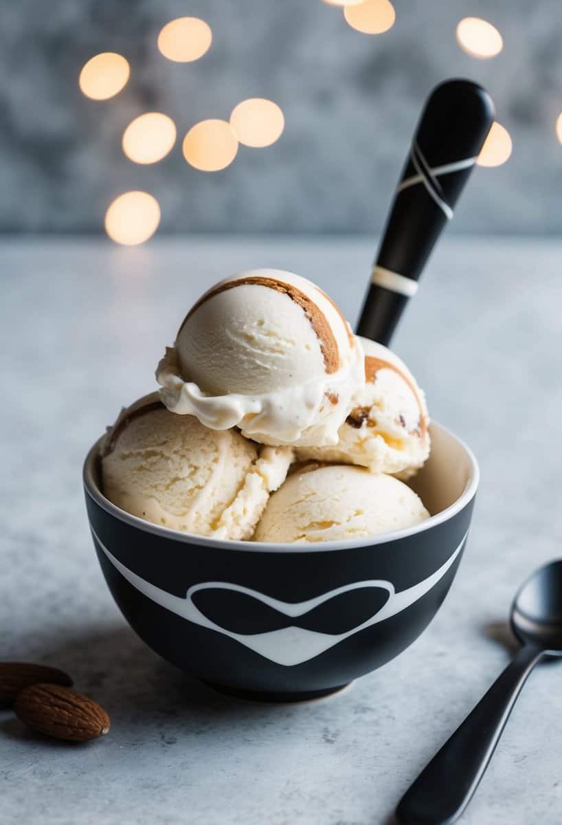 A bowl of creamy vanilla almond swirl ice cream with a ninja-themed swirl pattern