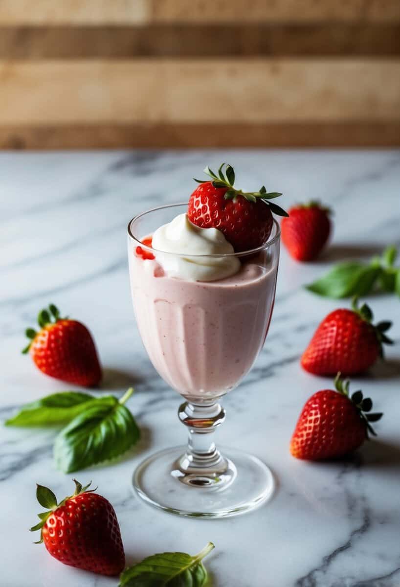 A glass of strawberry basil fusion cream sits on a marble countertop with fresh strawberries and basil leaves scattered around