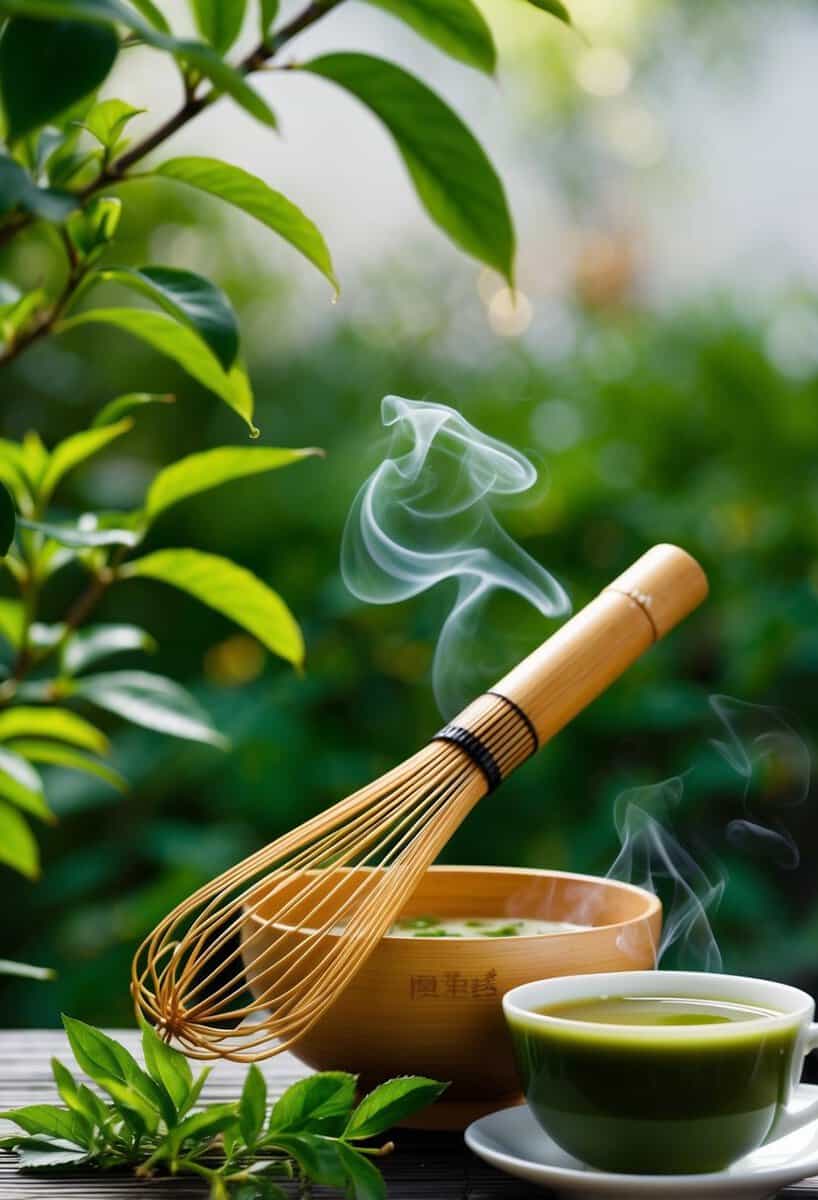 A serene garden with a bamboo whisk and bowl, surrounded by fresh matcha leaves and a steaming cup of green tea