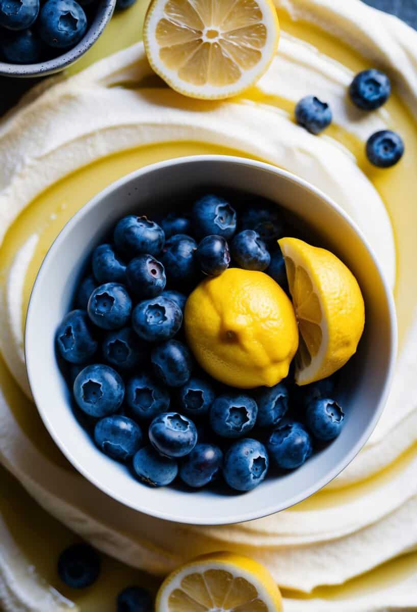 A bowl of blueberries and lemons surrounded by swirling cream with a hint of ninja imagery