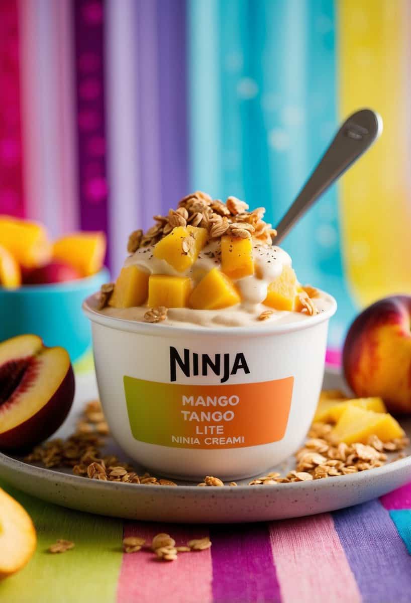 A vibrant bowl of peach mango tango lite ninja creami, surrounded by fresh fruit and a sprinkle of granola, set against a colorful backdrop