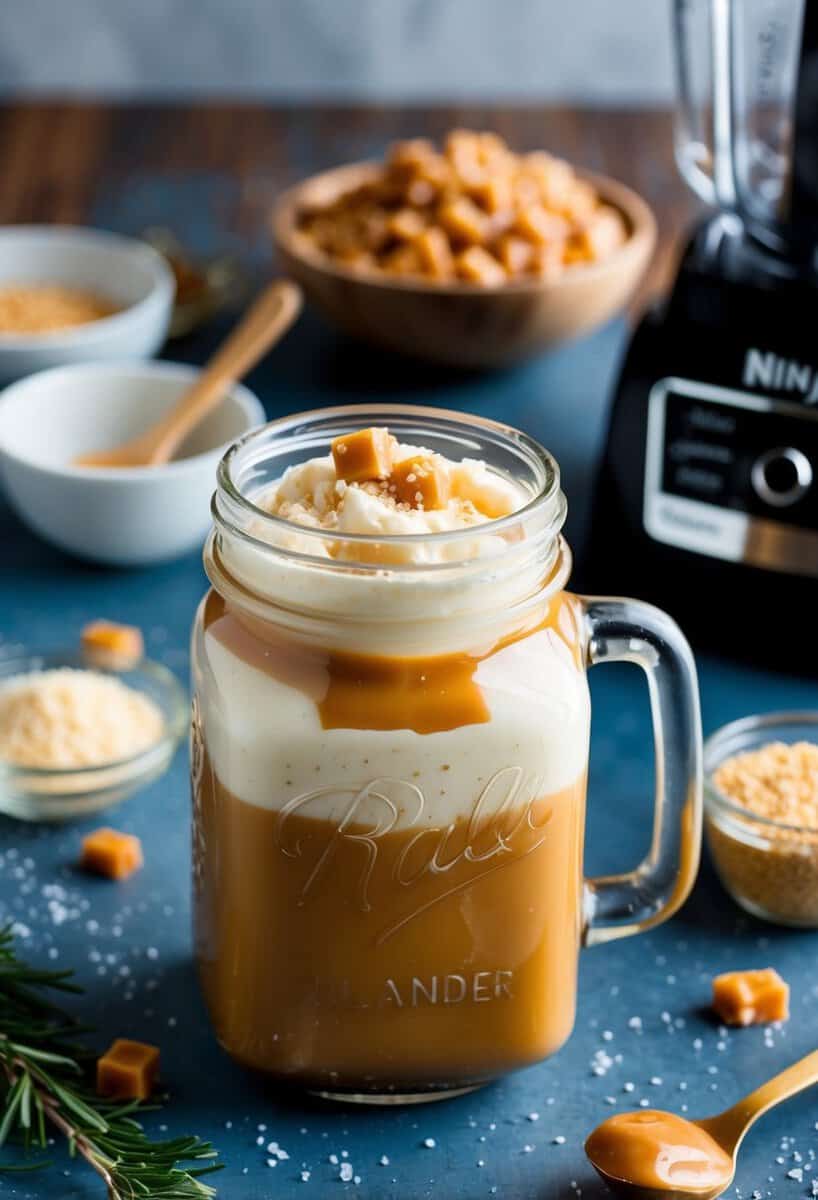 A glass jar filled with creamy salted caramel bliss, surrounded by scattered ingredients and a ninja blender