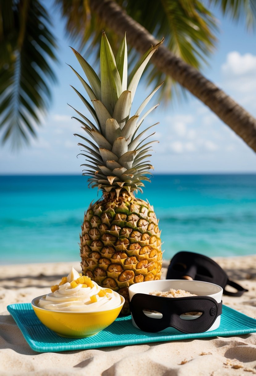 A tropical beach setting with a pineapple and coconut tree, a bowl of creamy dessert, and a ninja mask hidden in the background