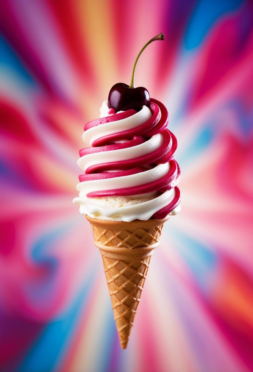 A swirling cherry vanilla ice cream cone on a vibrant background