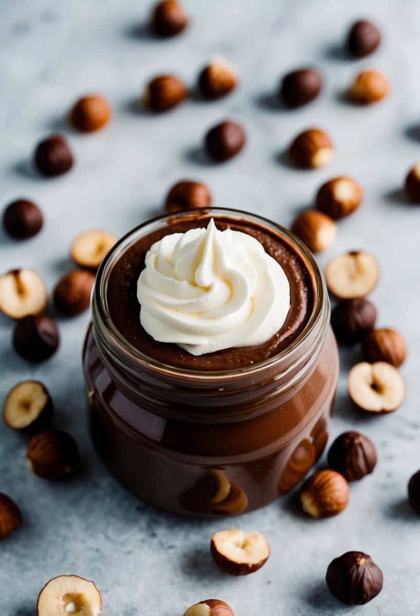 A jar of chocolate hazelnut spread surrounded by whole hazelnuts and a dollop of creamy whipped topping