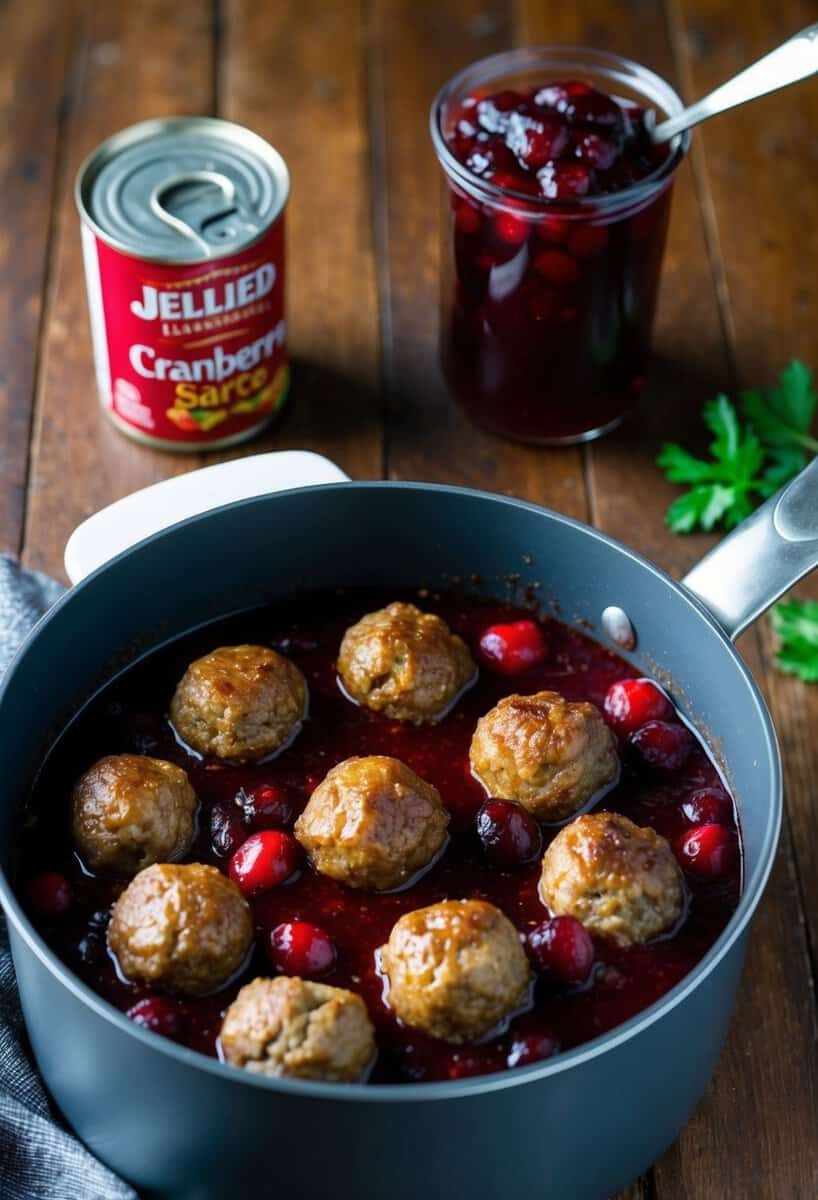 A pot of simmering meatballs in a rich cranberry sauce, with a can of jellied cranberry sauce nearby