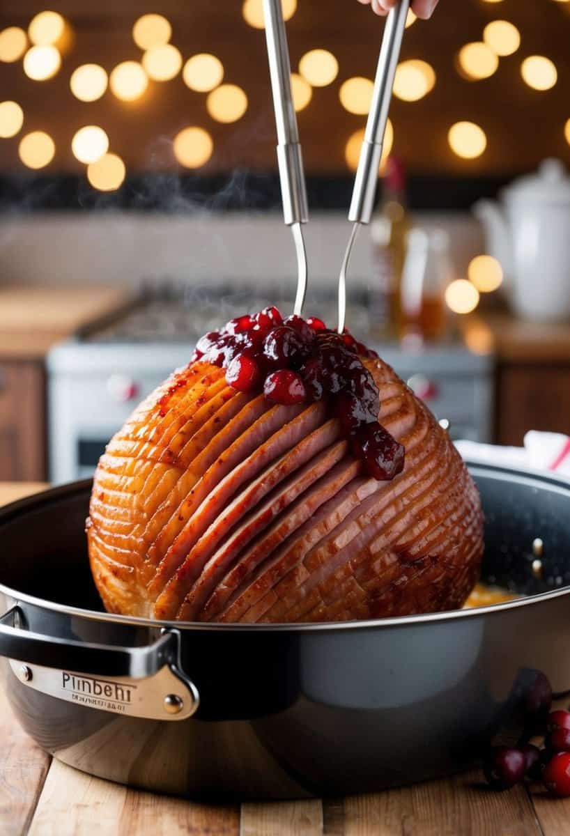 A ham being glazed with jellied cranberry sauce in a roasting pan