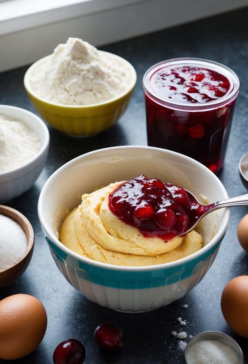 A bowl of muffin batter being mixed with canned jellied cranberry sauce, surrounded by ingredients like flour, eggs, and sugar on a kitchen counter