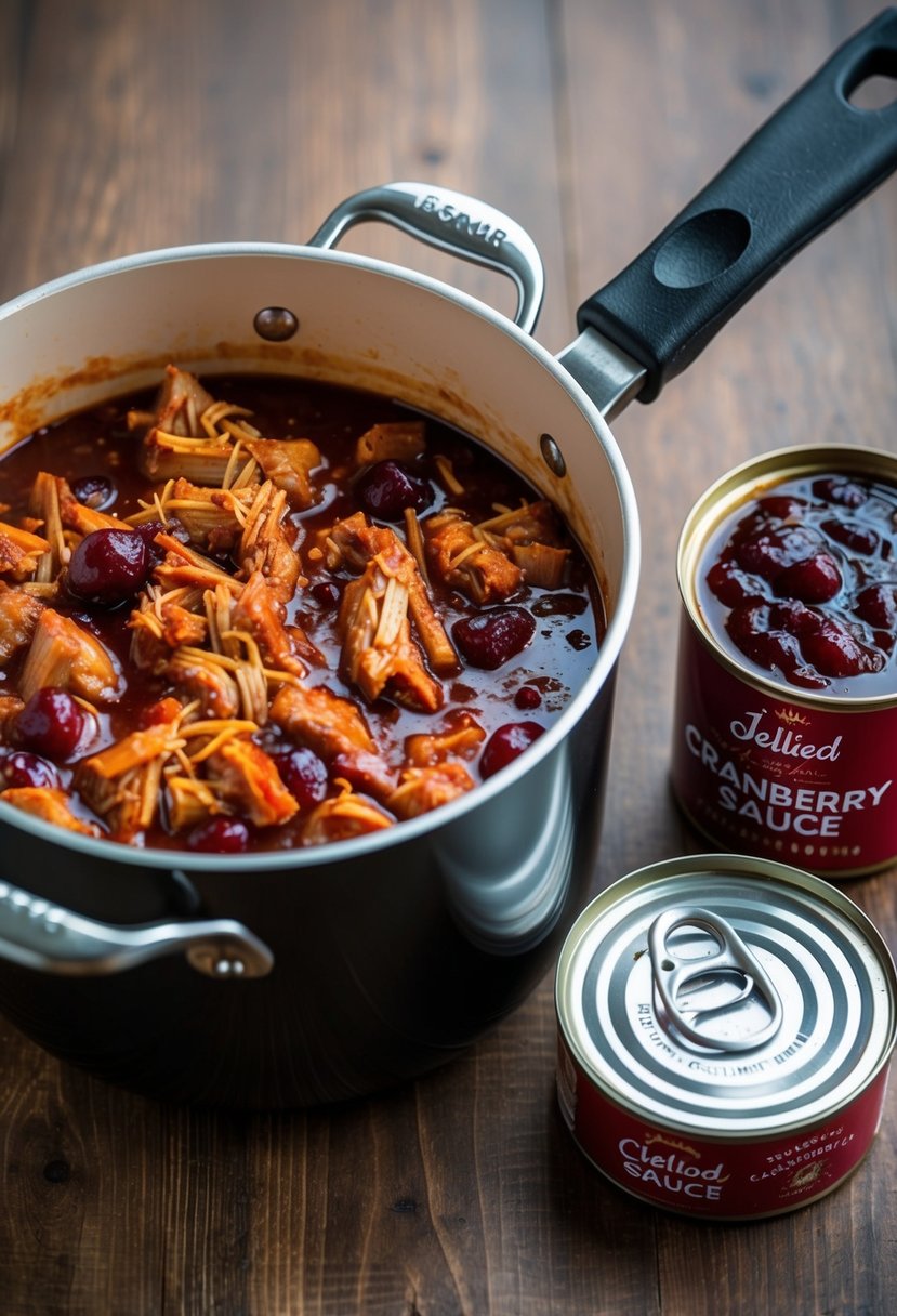 A pot simmering with pulled pork in cranberry BBQ sauce, with a can of jellied cranberry sauce nearby