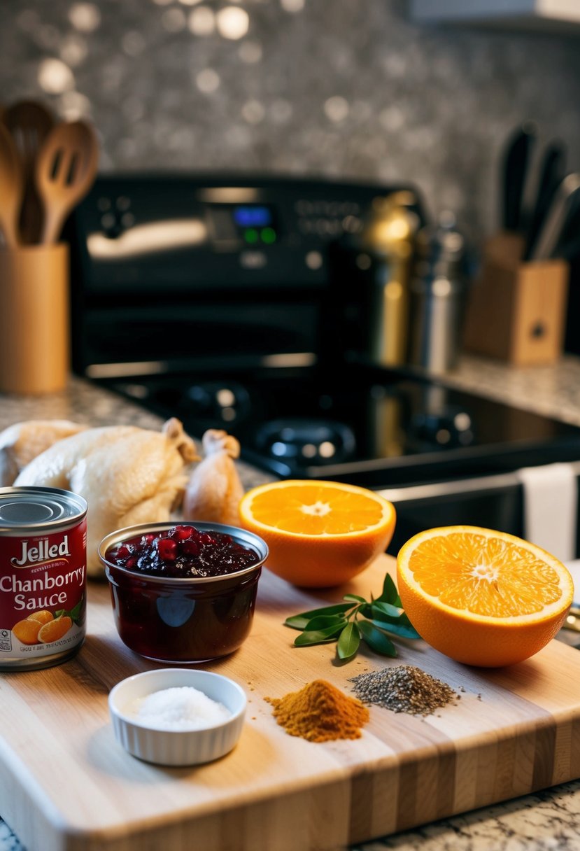 A kitchen counter with ingredients: chicken, canned jellied cranberry sauce, oranges, and various spices