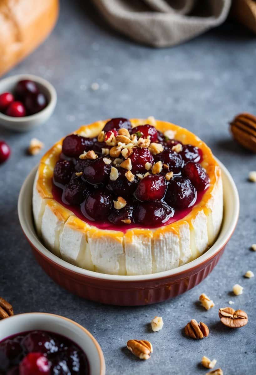 A round of brie cheese covered in jellied cranberry sauce, sprinkled with chopped nuts, and baked to a golden brown in a small ceramic dish