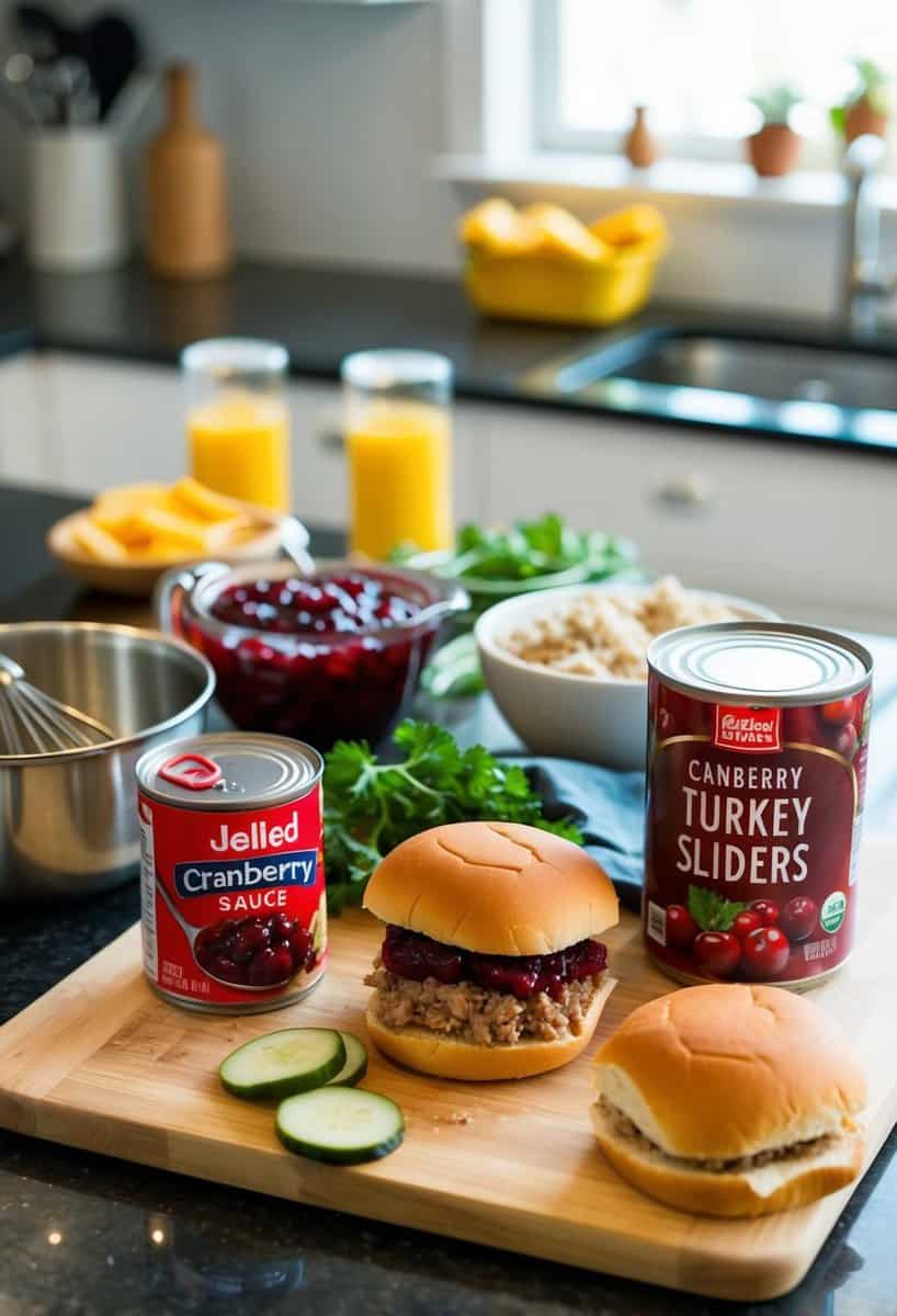 A kitchen counter with ingredients and utensils to make cranberry turkey sliders, including a can of jellied cranberry sauce, ground turkey, and slider buns