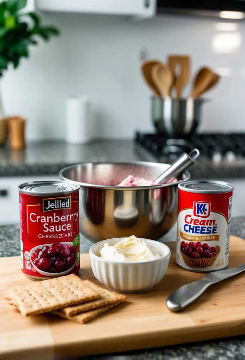 A kitchen counter with ingredients for Cranberry Cheesecake Bars, including a can of jellied cranberry sauce, cream cheese, graham crackers, and a mixing bowl