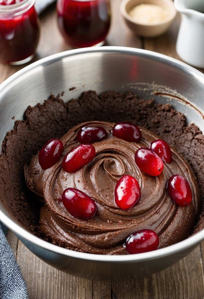 A mixing bowl filled with brownie batter being swirled with canned jellied cranberry sauce