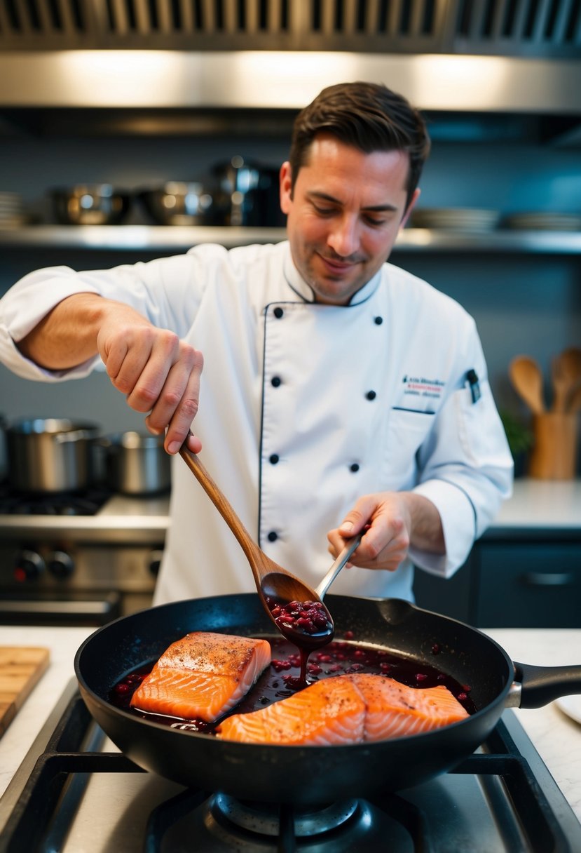 A chef in a kitchen, stirring a pot of cranberry glaze as a salmon fillet sizzles on a hot skillet