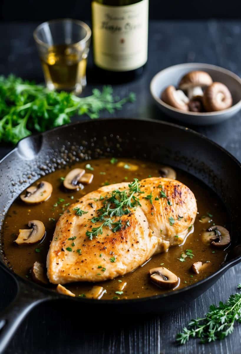 A sizzling skillet with boneless chicken breast simmering in a rich Marsala wine sauce, accompanied by mushrooms and fresh herbs