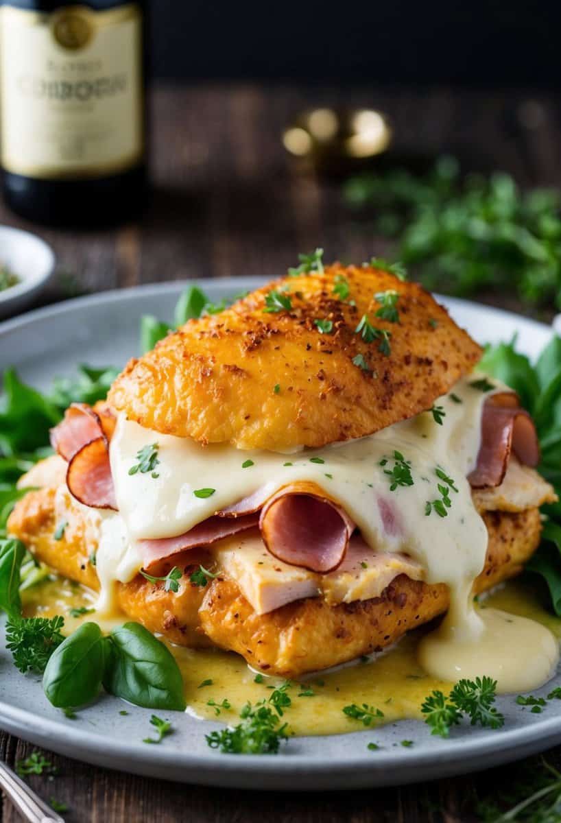 A platter of golden-brown Chicken Cordon Bleu with melted cheese and ham oozing out, surrounded by fresh herbs