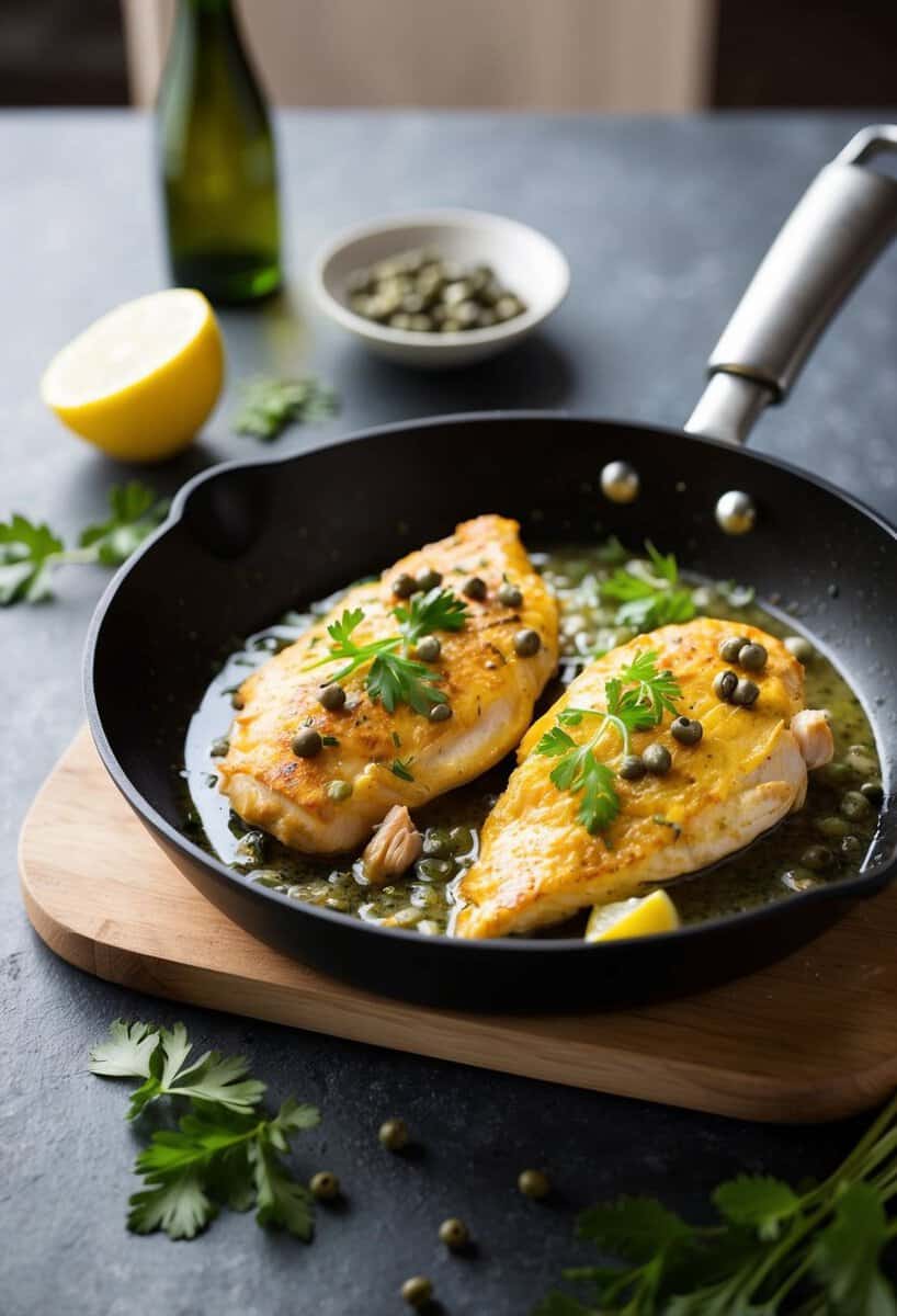 A sizzling skillet with lemony chicken piccata, capers, and fresh herbs