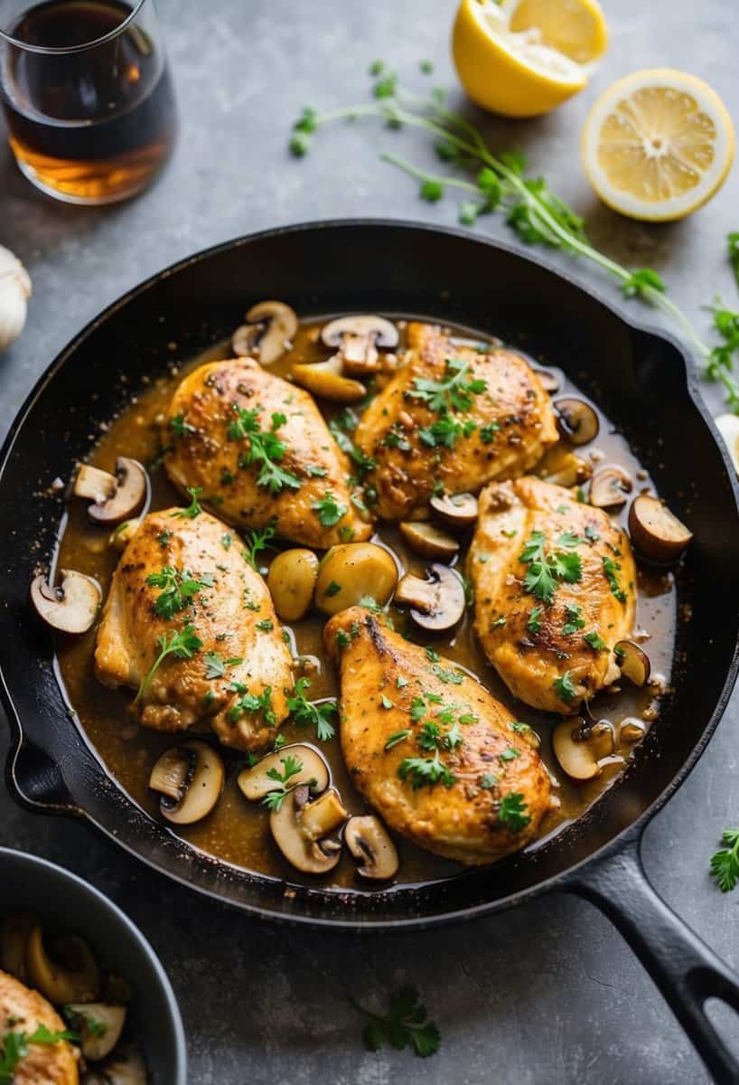 A sizzling skillet with chicken Marsala, mushrooms, and a savory sauce