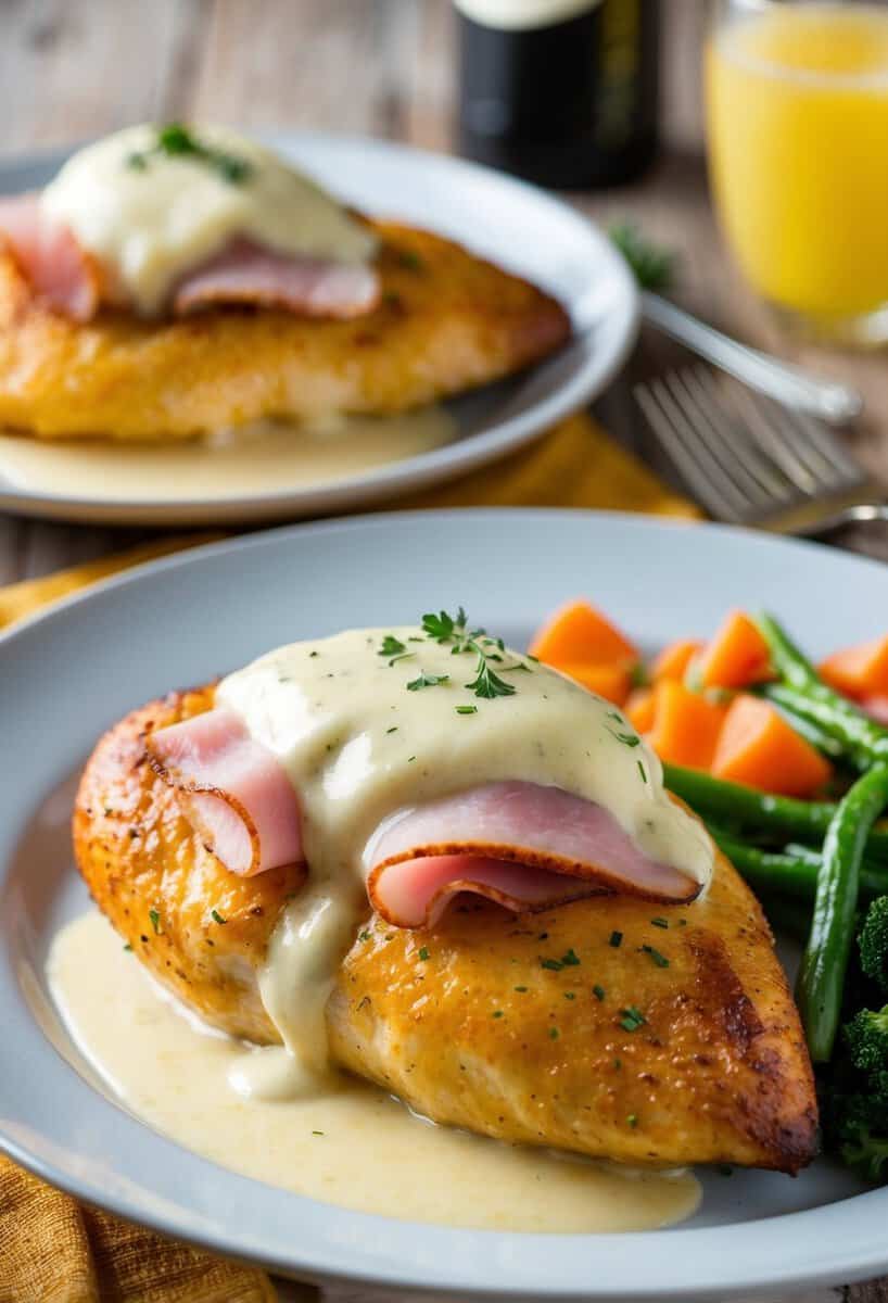 A golden brown chicken breast stuffed with ham and Swiss cheese, topped with a creamy sauce and served with a side of vegetables