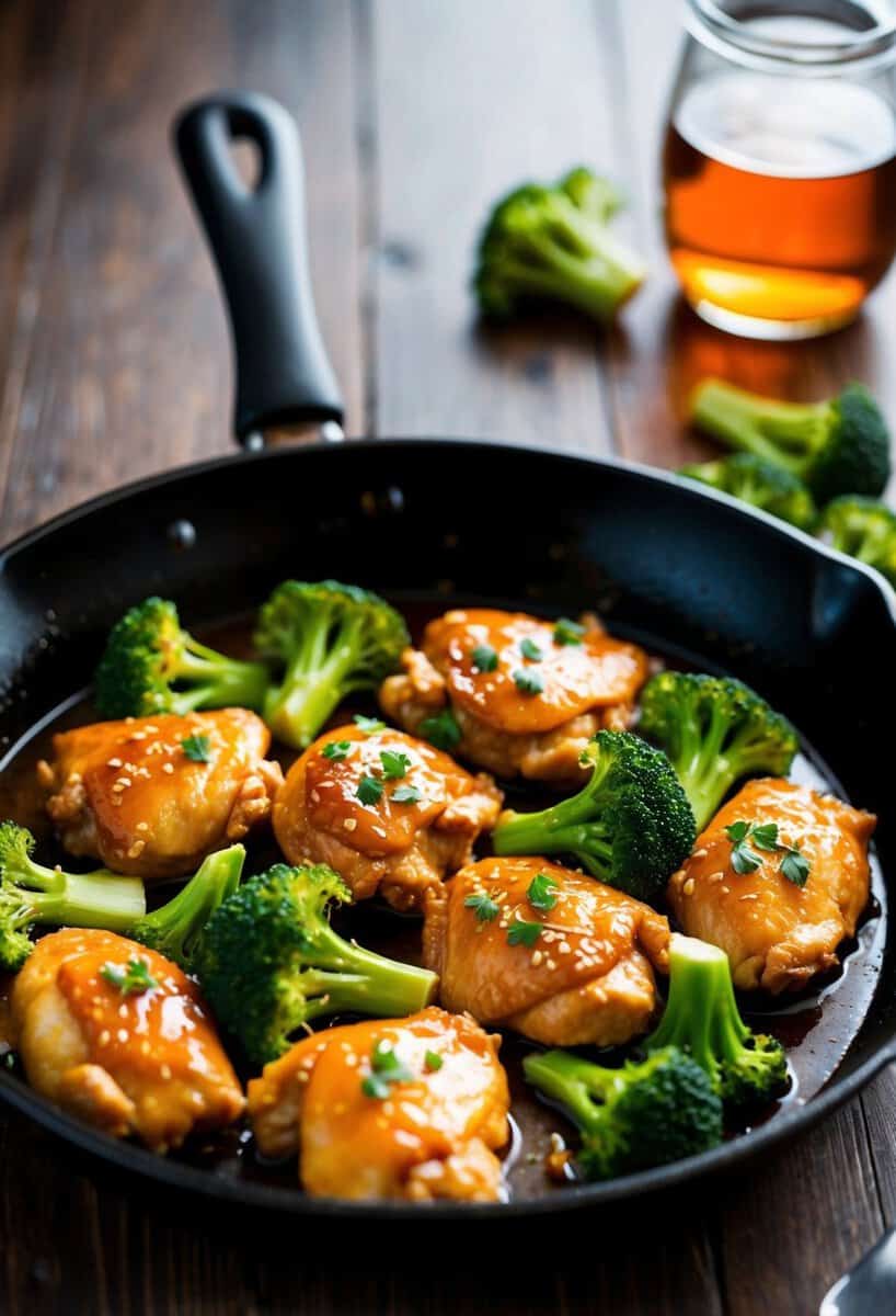 A sizzling skillet of honey soy chicken with vibrant green broccoli florets