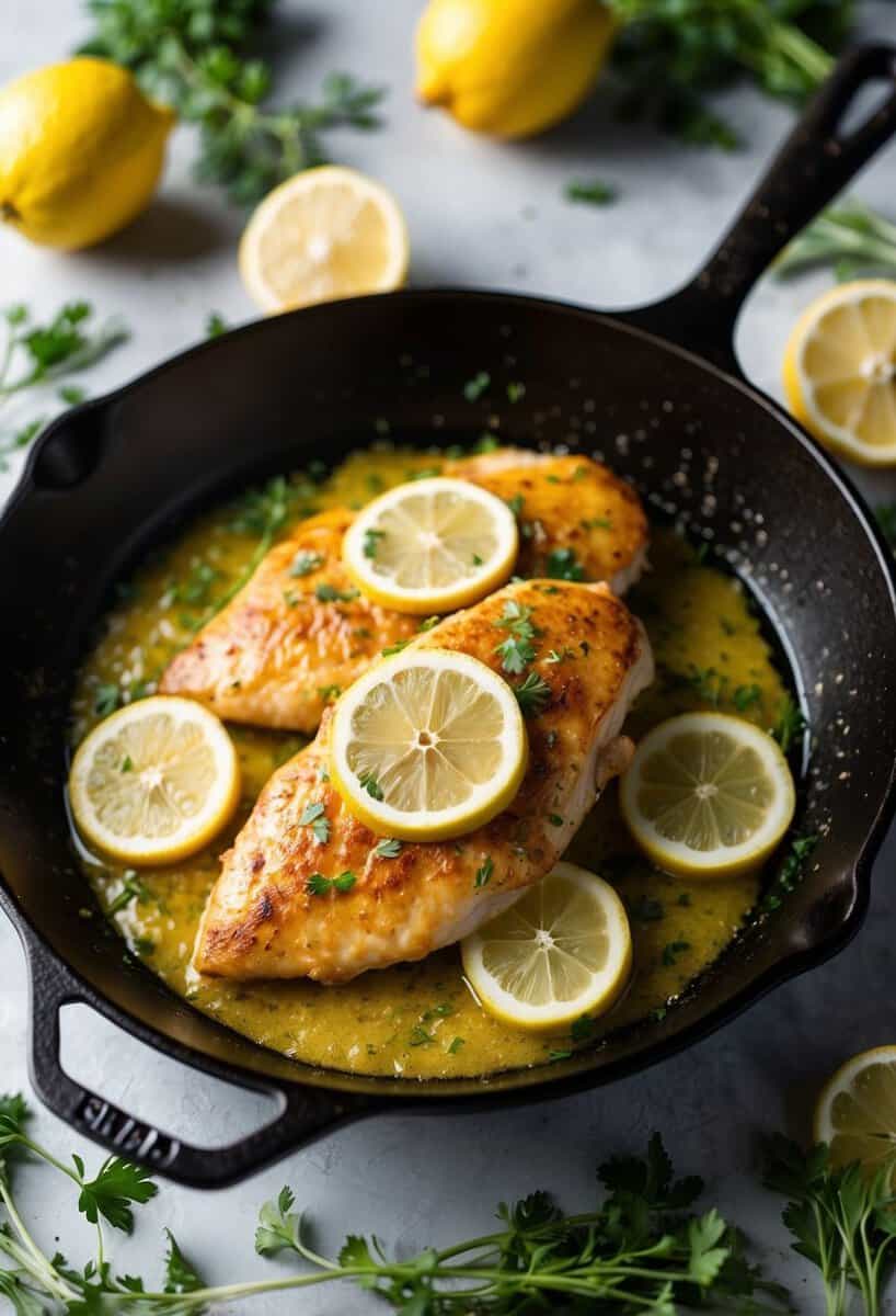 A sizzling skillet with golden-brown chicken breasts topped with a zesty lemon piccata sauce, surrounded by fresh herbs and slices of lemon