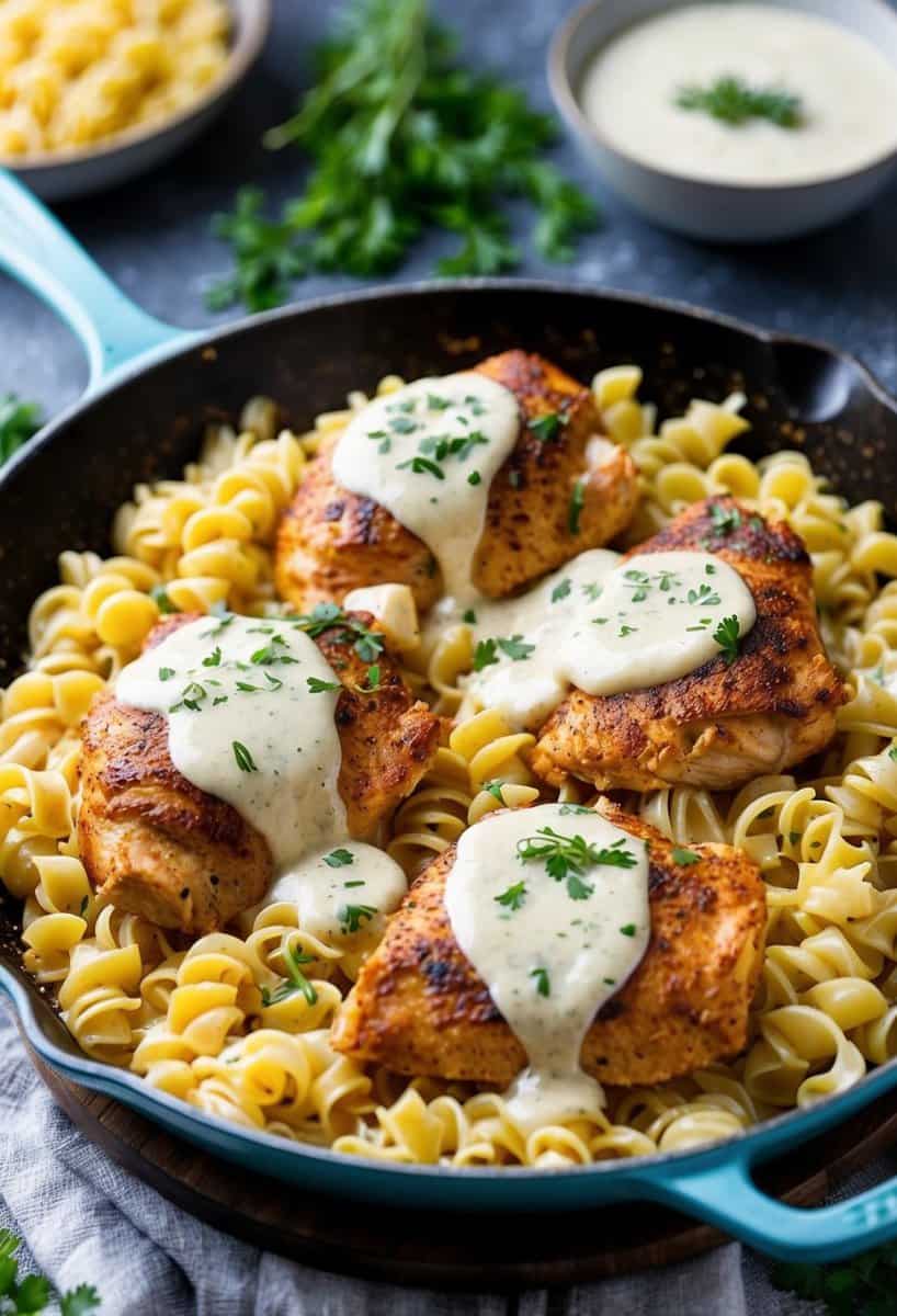 A sizzling skillet of Cajun-seasoned chicken and creamy Alfredo sauce, garnished with fresh herbs and served over a bed of pasta