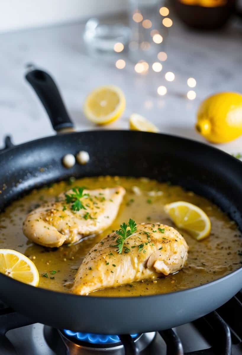 A sizzling lemon garlic chicken breast cooking in a skillet on a stovetop