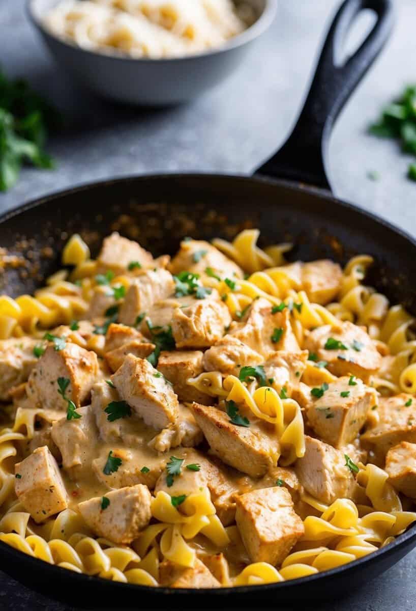 A sizzling skillet of creamy Cajun chicken Alfredo with tender chunks of boneless, skinless chicken breast, tossed with al dente pasta and smothered in a rich, savory sauce