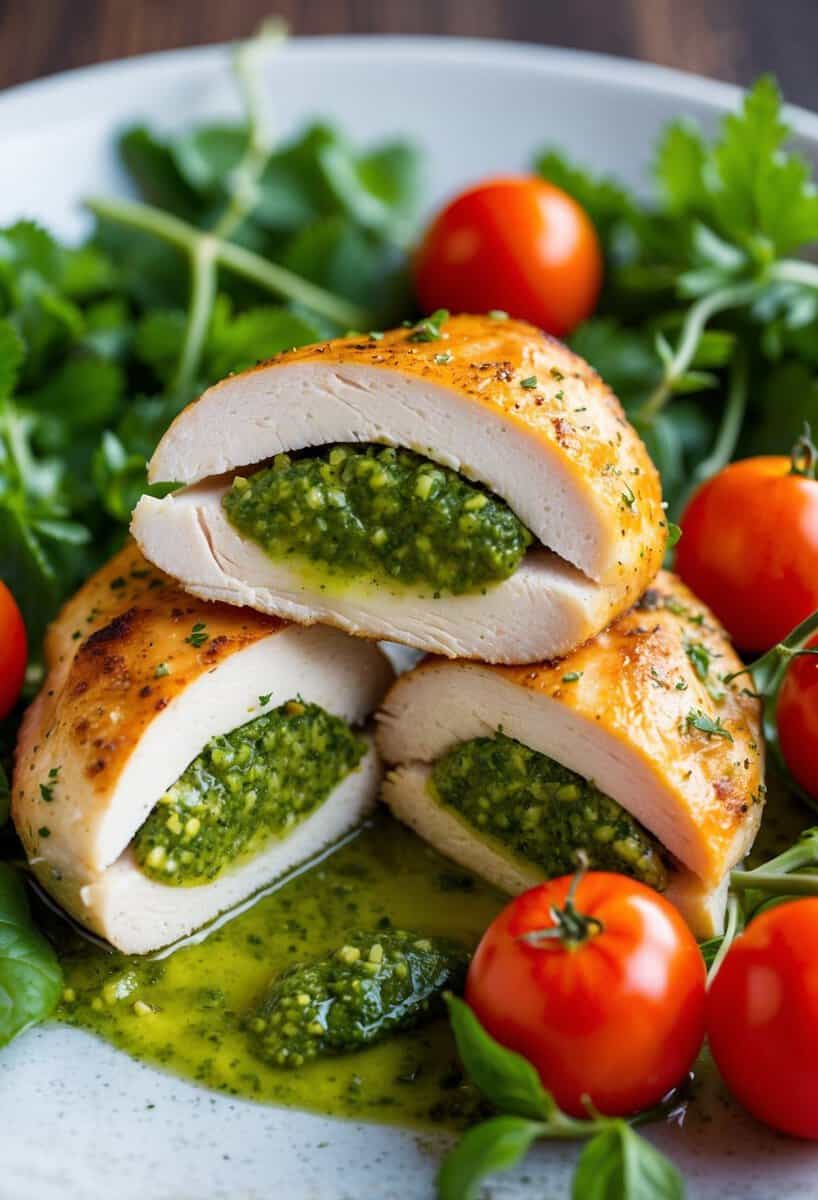 A golden-brown chicken breast, split open to reveal a vibrant green pesto filling, surrounded by fresh herbs and cherry tomatoes