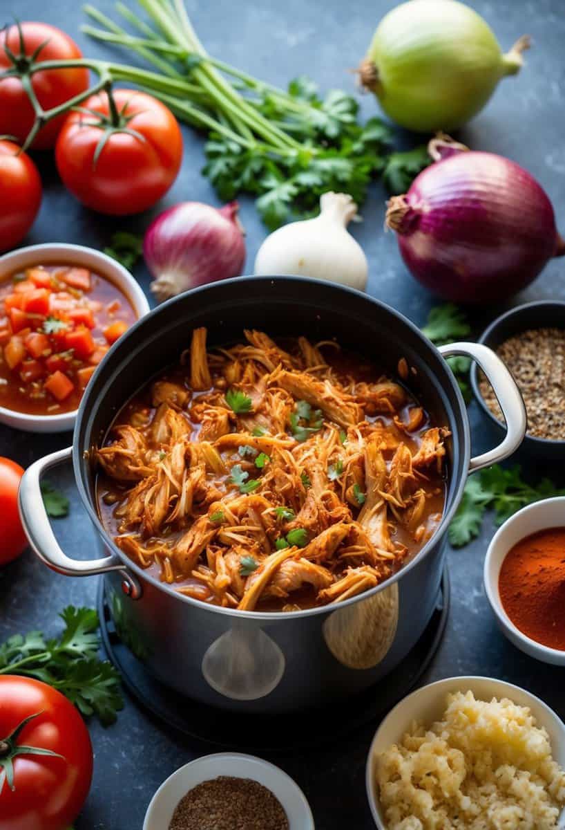 A large pot simmering with shredded BBQ chicken surrounded by various ingredients like tomatoes, onions, and spices