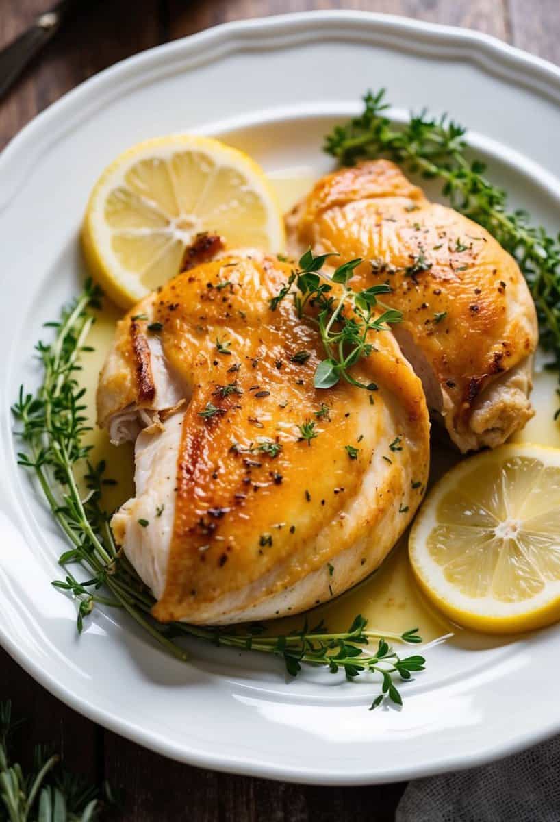 A golden-brown chicken breast sits on a white porcelain plate, surrounded by sprigs of fresh herbs and slices of lemon