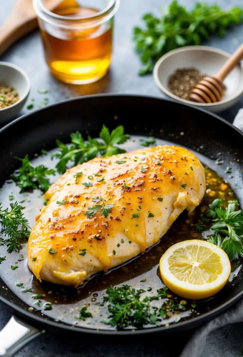 A sizzling boneless chicken breast coated in honey butter sauce, surrounded by fresh herbs and spices